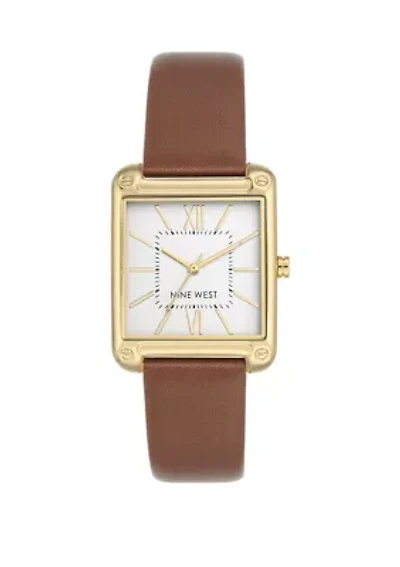 Women's 29 Millimeter Rectangular Brown Faux Leather Band Watch 