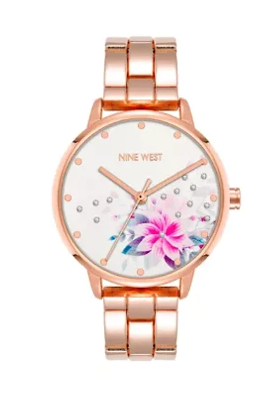 Women's Quartz Round Rose Gold-Tone Alloy Link Bracelet and Floral Pattern Watch