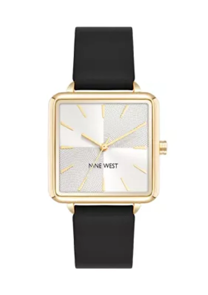 Square Black Faux Leather Band Watch