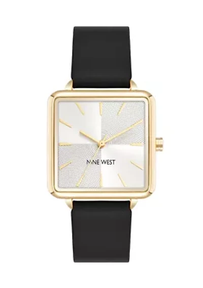 Square Black Faux Leather Band Watch