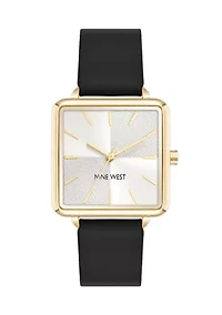 Square Black Faux Leather Band Watch
