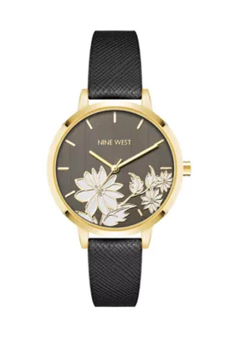 Faux Leather Band and Floral Pattern Watch