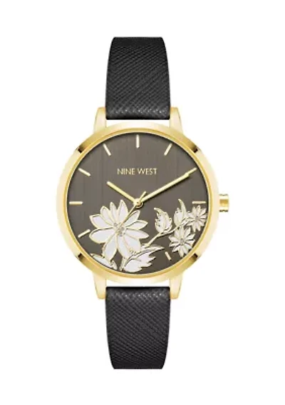 Faux Leather Band and Floral Pattern Watch