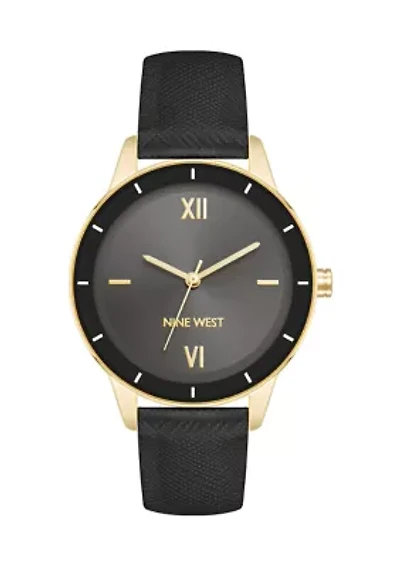 Women's Quartz Round Faux Leather Strap Watch