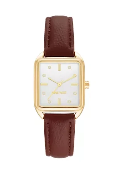 Quartz Rectangular Gold Tone Honey Faux Leather Crystal Dial Watch
