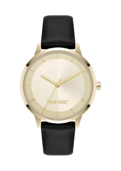  Quartz Round Black Faux Leather Strap Watch
