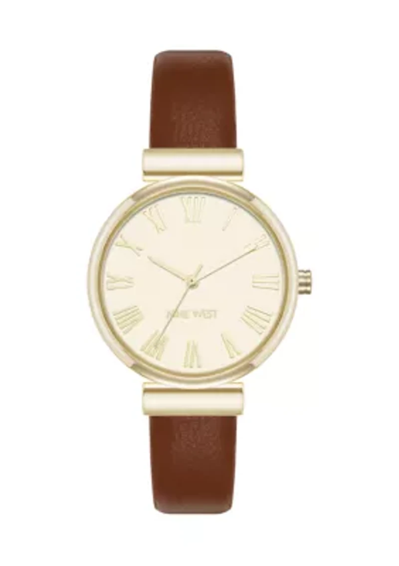 Women's Quartz Round Gold Tone Honey Faux Leather Watch