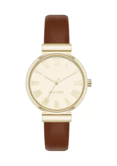 Women's Quartz Round Gold Tone Honey Faux Leather Watch