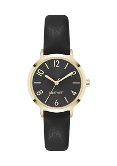 Quartz Round Black Faux Leather Strap Watch
