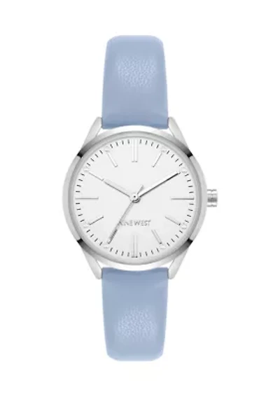 Quartz Round Silver-Tone Metal Light Blue Faux Leather Watch