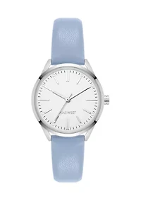 Quartz Round Silver-Tone Metal Light Blue Faux Leather Watch