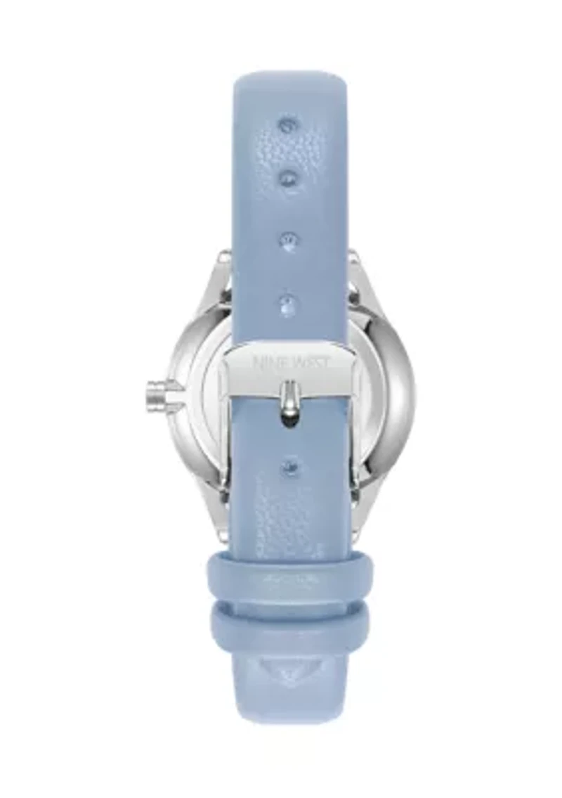 Quartz Round Silver-Tone Metal Light Blue Faux Leather Watch