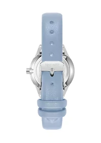 Quartz Round Silver-Tone Metal Light Blue Faux Leather Watch