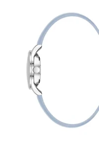 Quartz Round Silver-Tone Metal Light Blue Faux Leather Watch