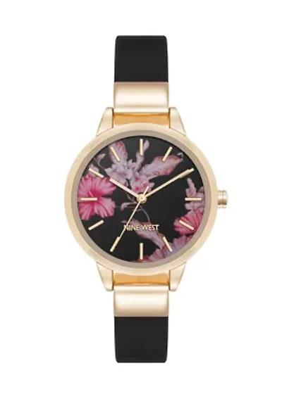 Black Faux Leather Strap Watch
