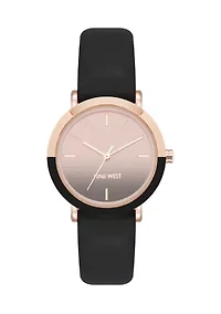  Quartz Round Rose Gold-Tone Metal Black Faux Leather Watch