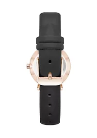  Quartz Round Rose Gold-Tone Metal Black Faux Leather Watch