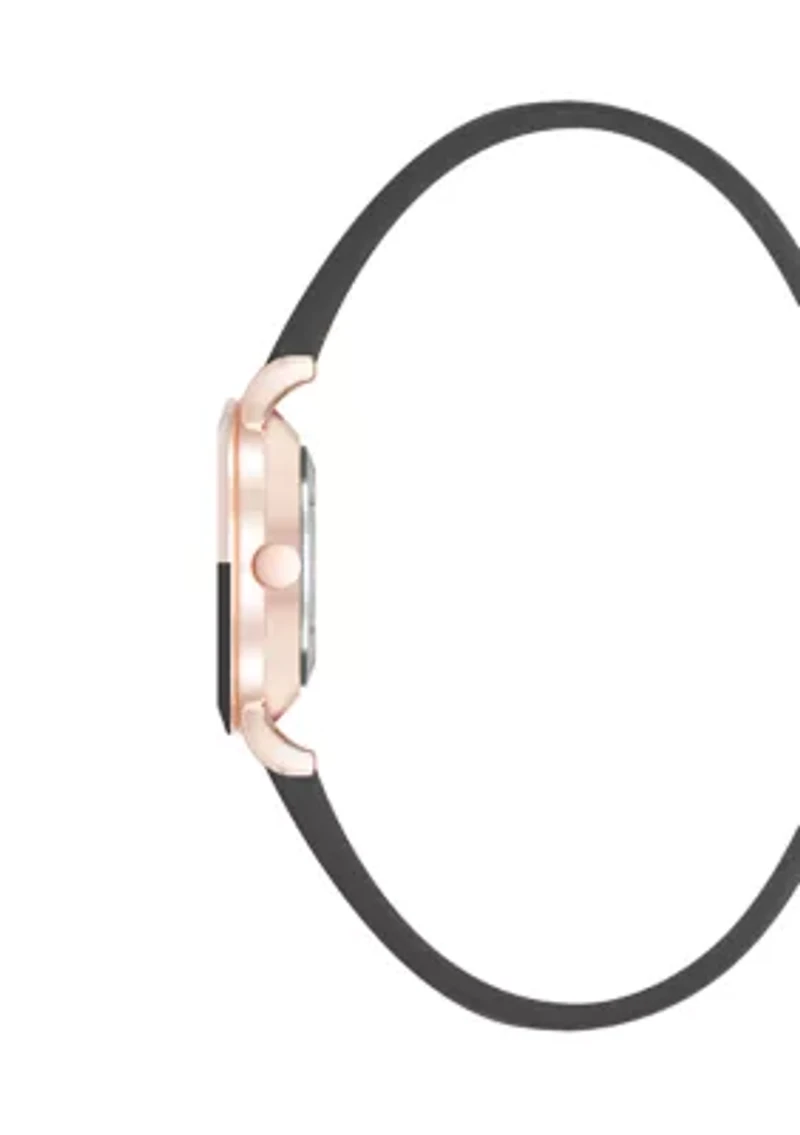  Quartz Round Rose Gold-Tone Metal Black Faux Leather Watch