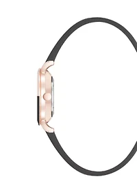  Quartz Round Rose Gold-Tone Metal Black Faux Leather Watch