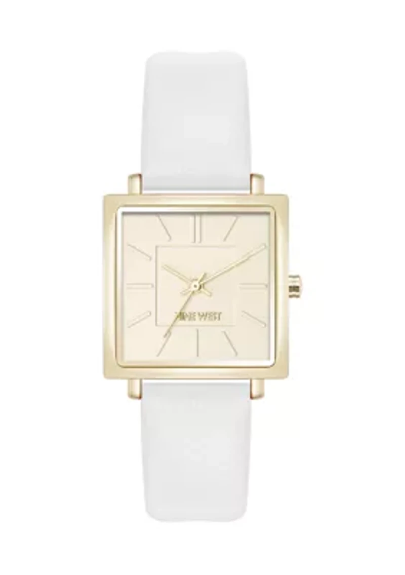 Quartz Square Gold Tone White Faux Leather Watch
