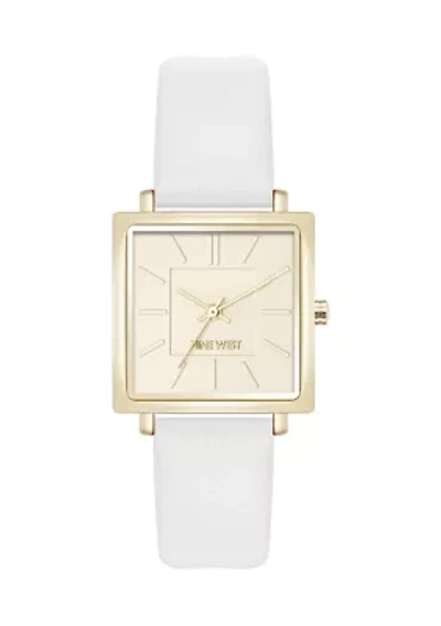 Quartz Square Gold Tone White Faux Leather Watch