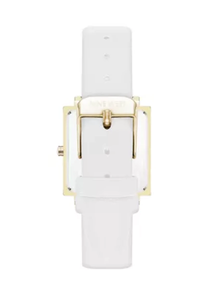 Quartz Square Gold Tone White Faux Leather Watch