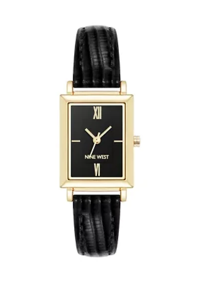  Women's Quartz Rectangular Black Faux Leather Strap Watch