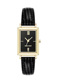  Women's Quartz Rectangular Black Faux Leather Strap Watch