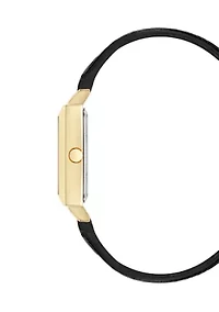  Women's Quartz Rectangular Black Faux Leather Strap Watch