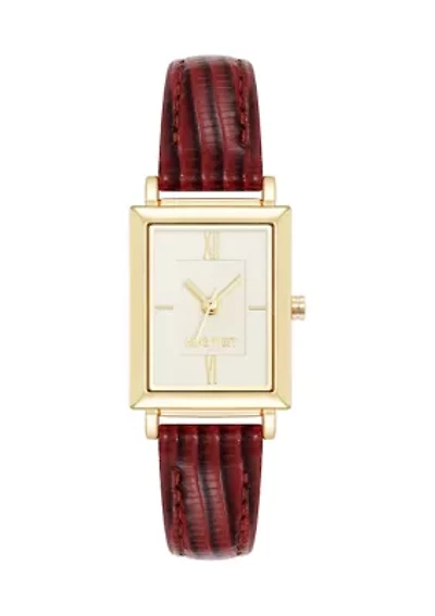  Women's Quartz Rectangular Gold Tone Red Faux Leather Watch