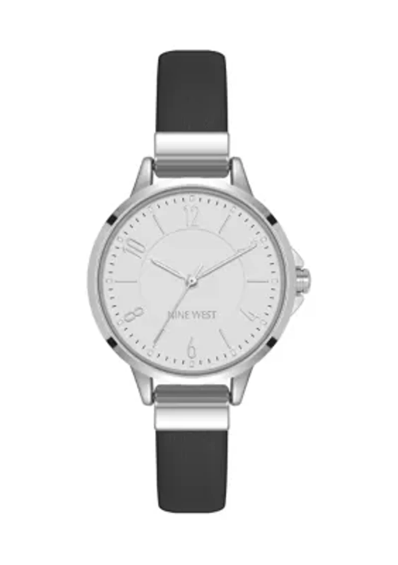 Women's Quartz Round Silver-Tone Metal Black Faux Leather Watch