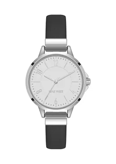 Women's Quartz Round Silver-Tone Metal Black Faux Leather Watch