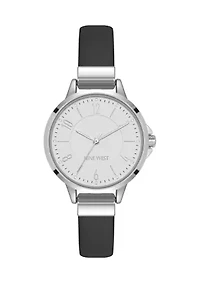 Women's Quartz Round Silver-Tone Metal Black Faux Leather Watch