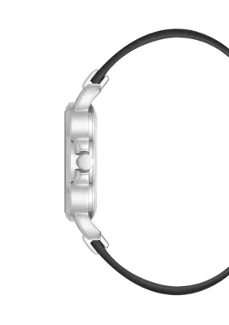 Women's Quartz Round Silver-Tone Metal Black Faux Leather Watch