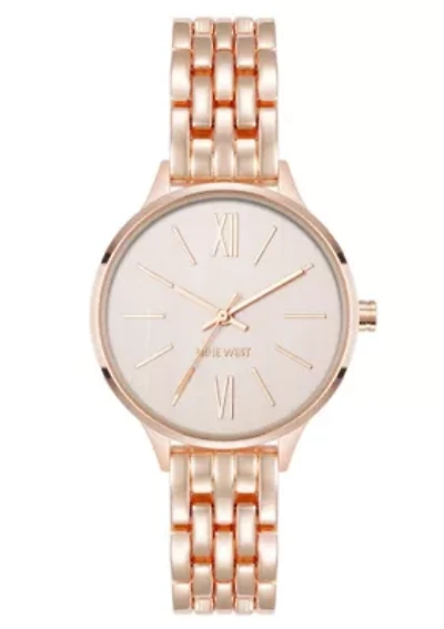 Quartz Round Rose Gold-tone Metal Alloy Link Bracelet Watch