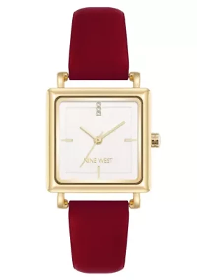 Square Burgundy Faux Leather Band Watch