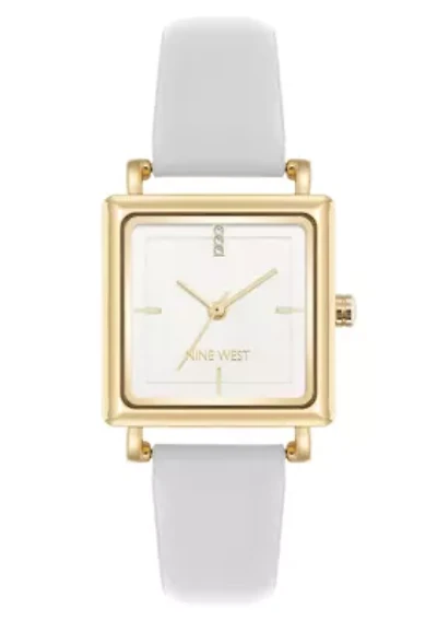 Square White Faux Leather Band Watch