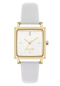 Square White Faux Leather Band Watch