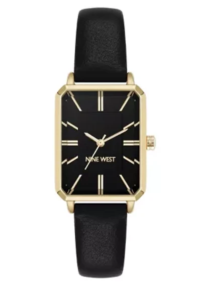 Octagonal Black Faux Leather Band Watch