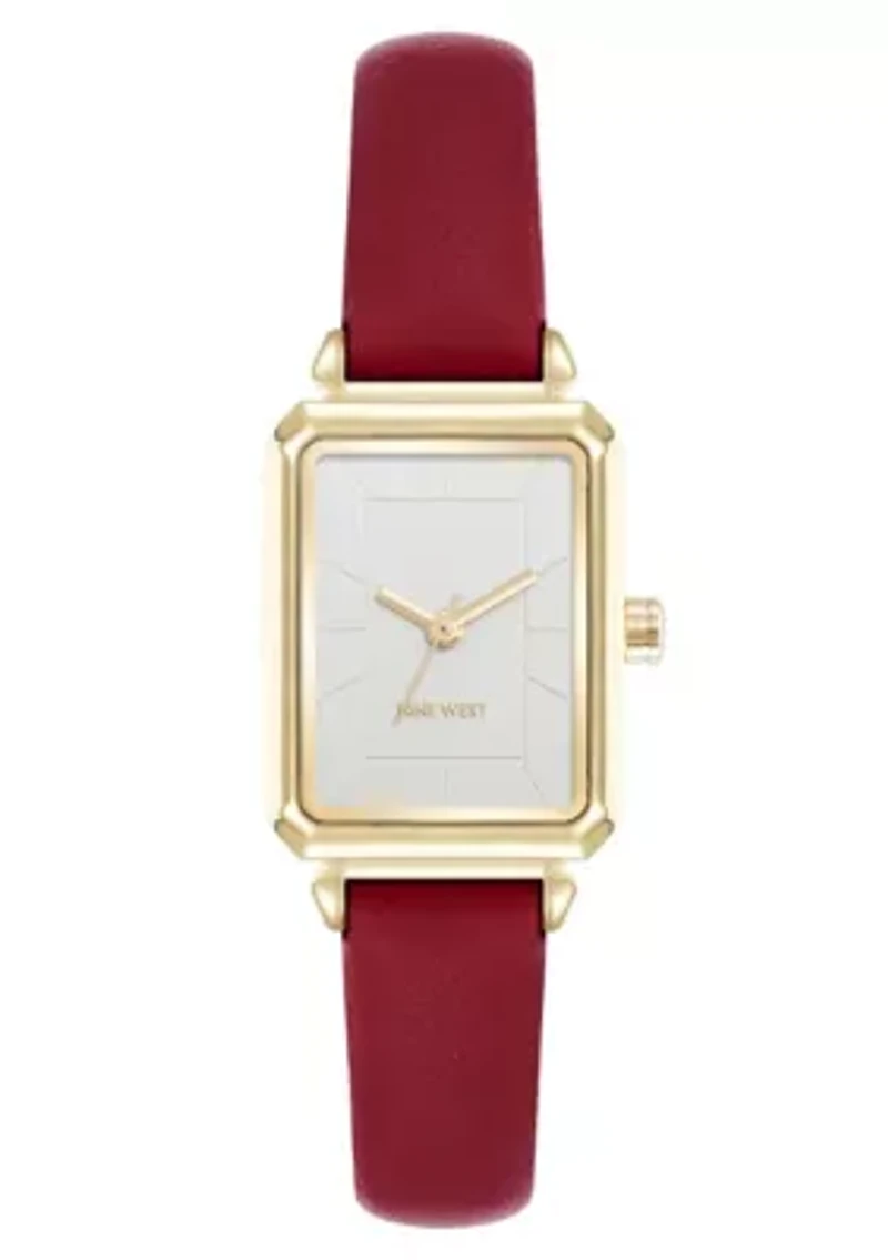 Women's Rectangle Burgundy Faux Leather Band Watch
