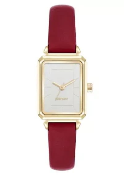 Women's Rectangle Burgundy Faux Leather Band Watch