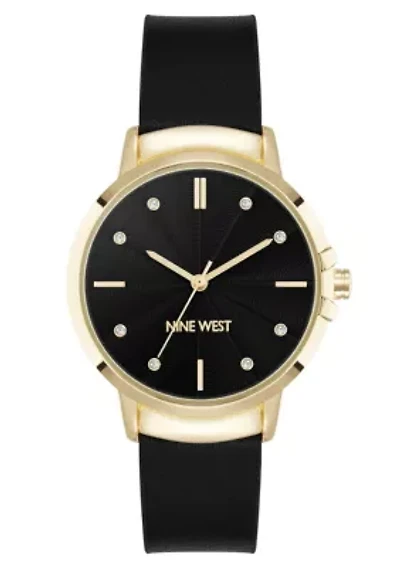 Women's Round Black Faux Leather Band Watch