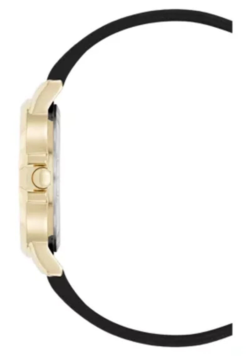 Women's Round Black Faux Leather Band Watch