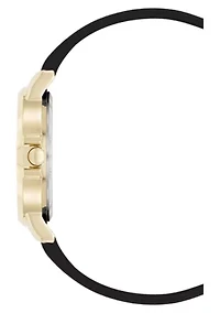 Women's Round Black Faux Leather Band Watch