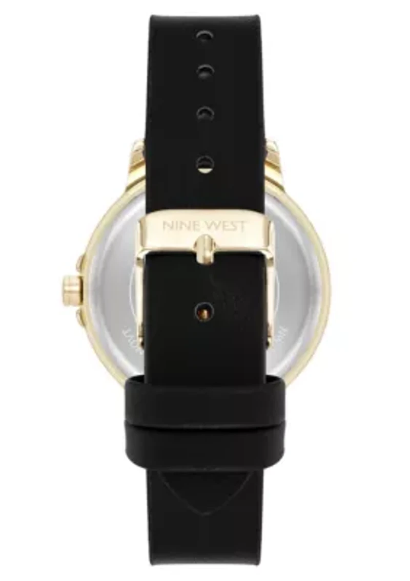 Women's Round Black Faux Leather Band Watch