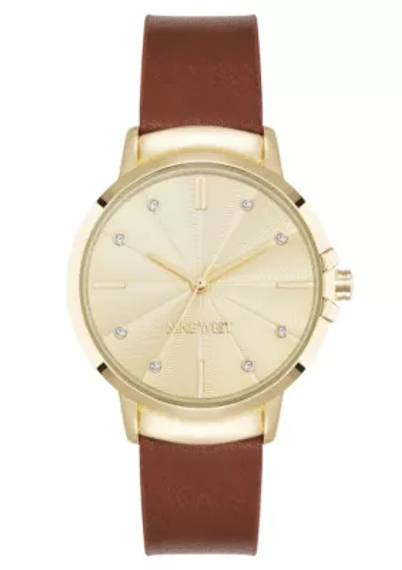 Women's Round Brown Faux Leather Band Watch