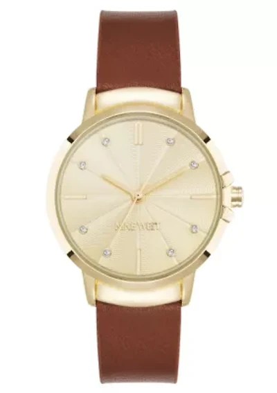Women's Round Brown Faux Leather Band Watch