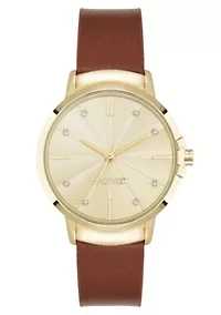 Women's Round Brown Faux Leather Band Watch