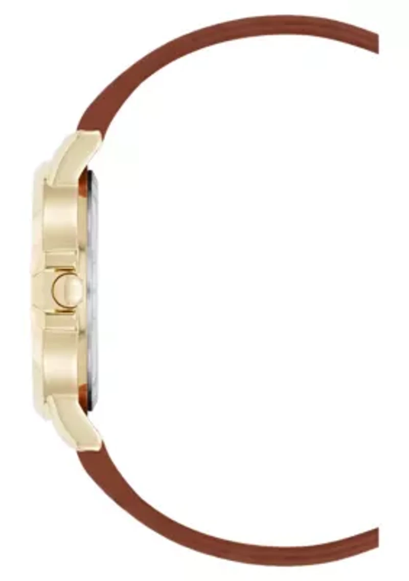 Women's Round Brown Faux Leather Band Watch