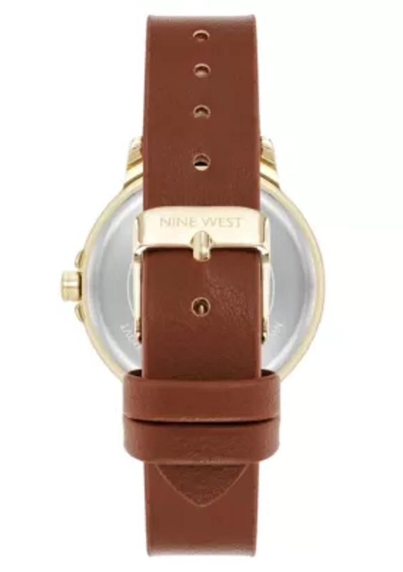 Women's Round Brown Faux Leather Band Watch